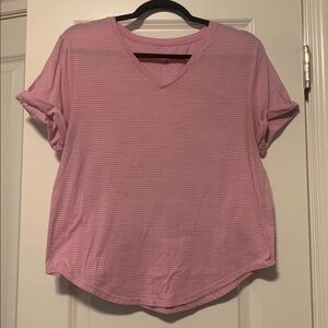 Lululemon Light Pink V-Neck Striped Tee, est 6-8
17.5 PTP, Good Condition